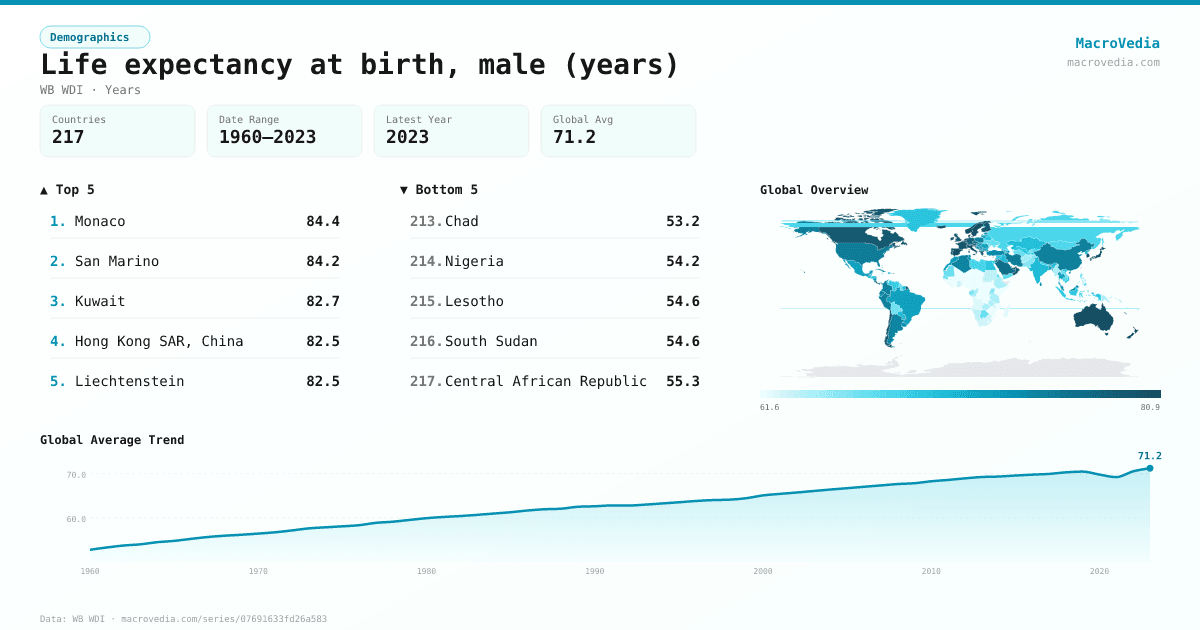 Life expectancy at birth, male (years) infographic